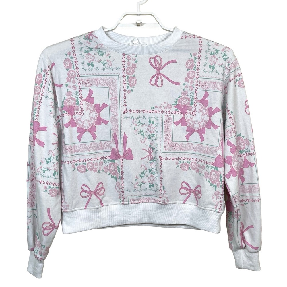 Rareraw‎ Sweatshirt Pullover Womens S White Pink Floral Bows Coquette Cropped